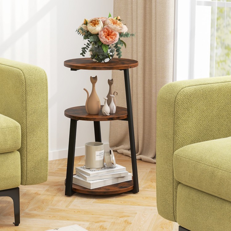 3-tier round side table with metal frame, featuring a sturdy design and decorative items, perfect for living room.