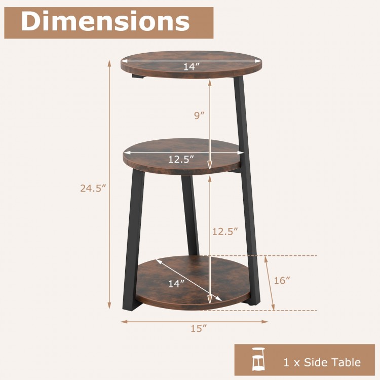 3-tier round side table with metal frame, featuring durable industrial boards and adjustable foot pads for stability.