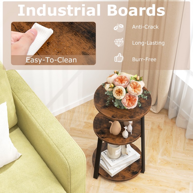 3-tier round side table with industrial boards, metal frame, and easy-to-clean surface, perfect for living room or.