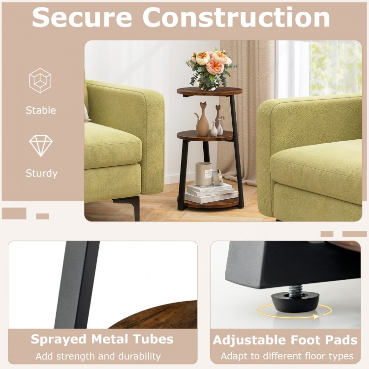 3-tier round side table with a sturdy metal frame, featuring adjustable foot pads for versatile placement in any room.