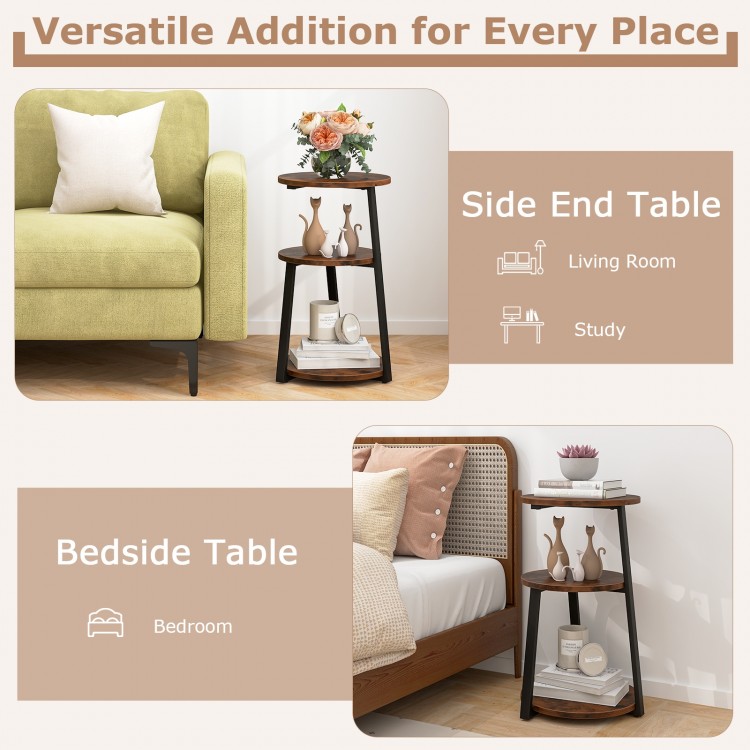 3-tier accent round side table with metal frame, ideal for living room or bedside use, featuring durable industrial.