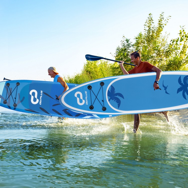 Two people carrying an inflatable stand-up paddle board with a stylish coco motif, ideal for all-skill levels on water.