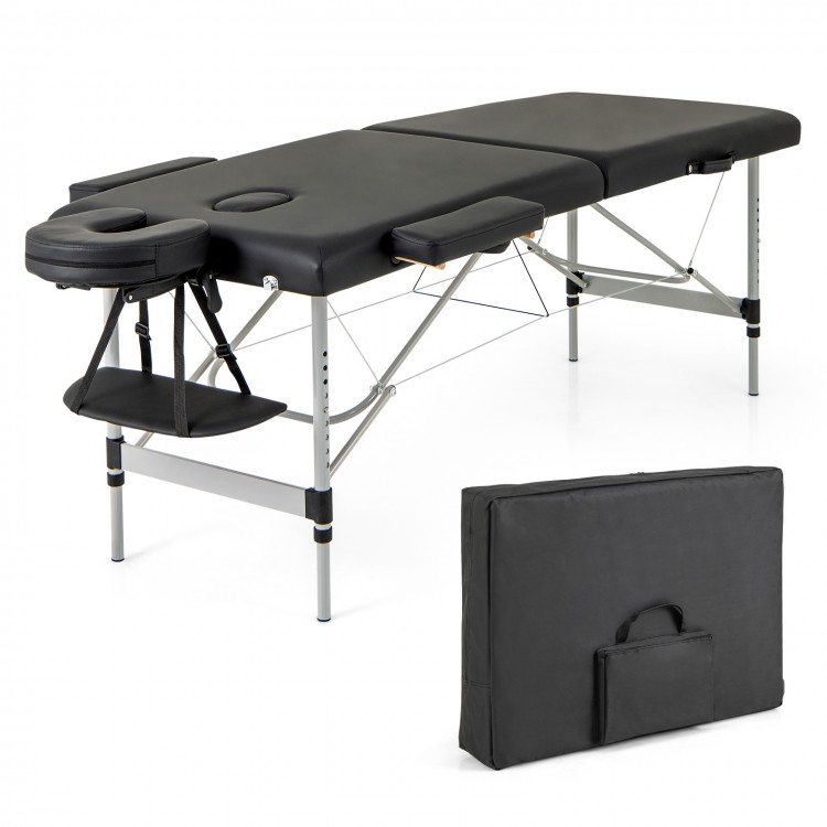 Professional 84-inch massage bed in black with adjustable headrest and carrying bag, ideal for therapists on the go.