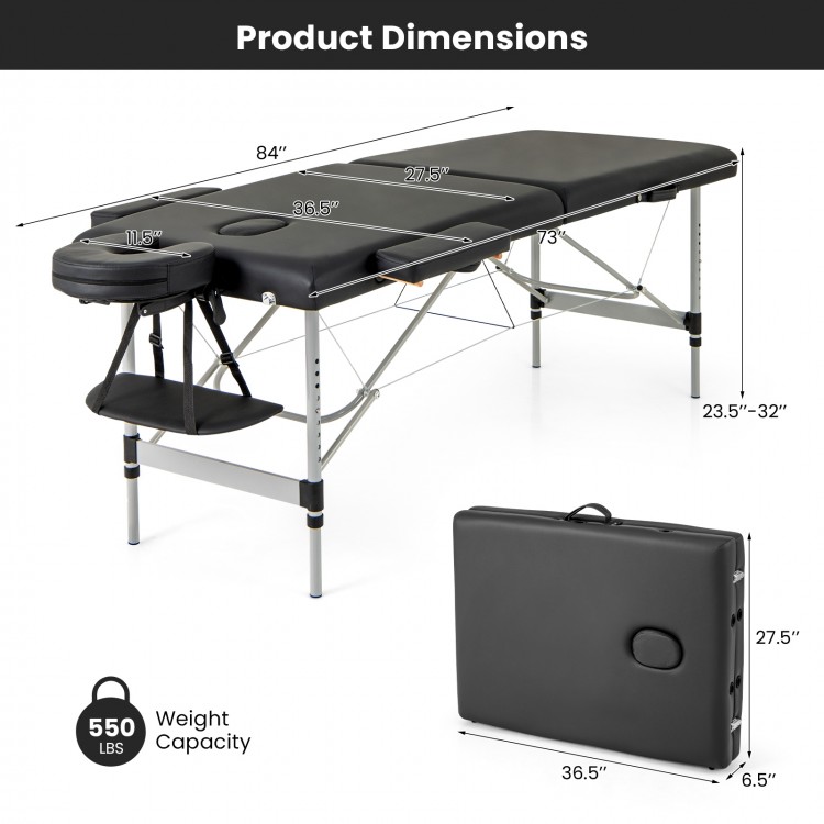 Professional 84-inch massage lash bed with adjustable headrest, black PVC leather, and carrying bag for easy transport.