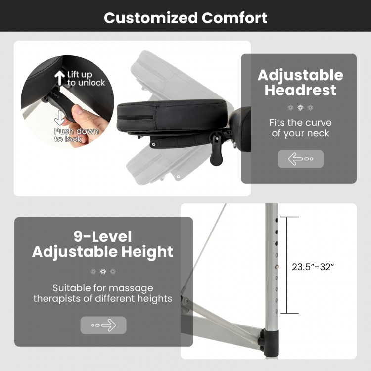 Adjustable headrest and 9-level height settings on a black professional massage lash bed for optimal comfort and.