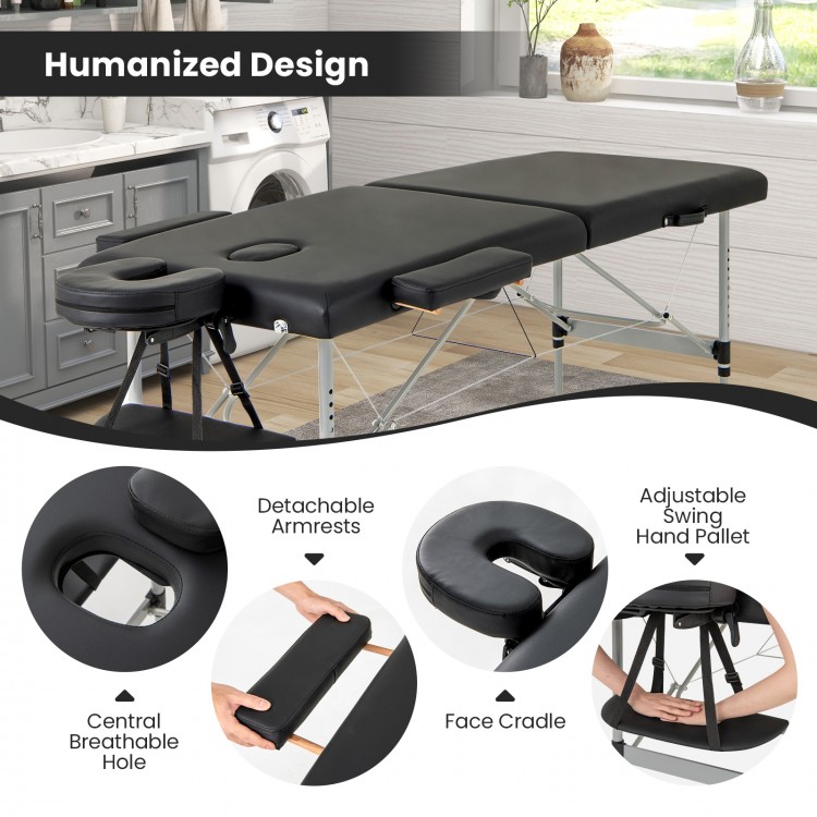 Professional massage lash bed with adjustable headrest, detachable armrests, and carrying bag for easy transport.