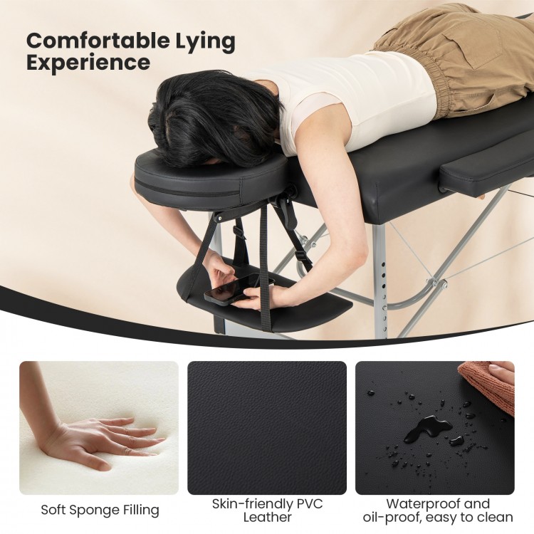Professional massage lash bed with 3" thick sponge cushion, adjustable headrest, and waterproof PVC leather for comfort.