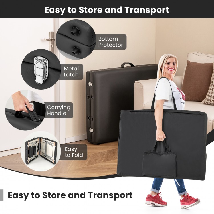 Professional massage lash bed in black with carrying bag, easy to fold, store, and transport for convenient use.