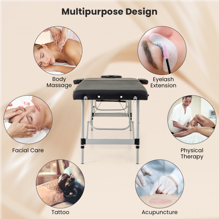 Black 84-inch professional massage lash bed with adjustable headrest, ideal for body massage, tattooing, and physical.