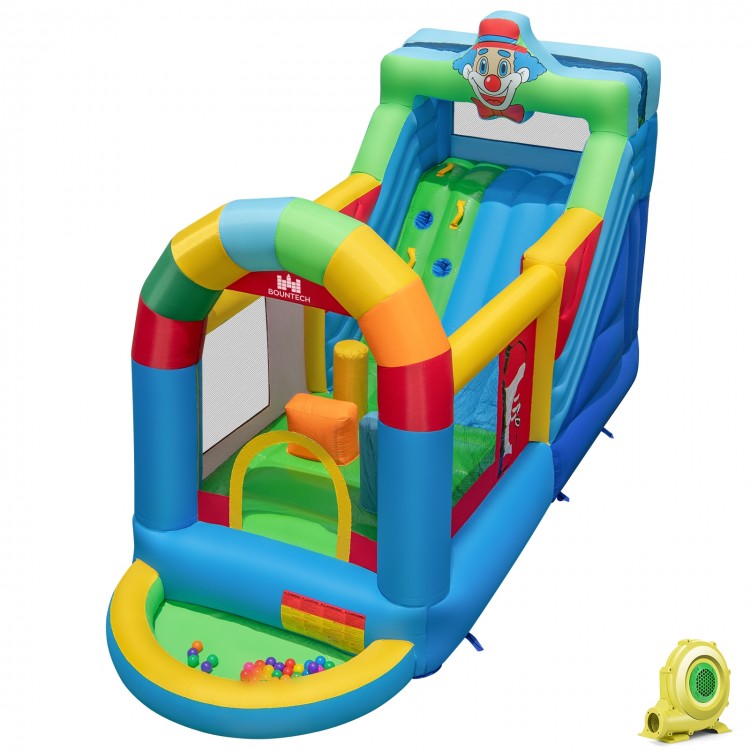 Inflatable bounce house obstacle course with slide, ball pit, and 735W blower for kids' outdoor fun and safety.