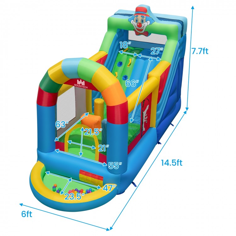 Inflatable bounce house obstacle course with slide, ball pit, and 735W blower, perfect for kids' outdoor fun.