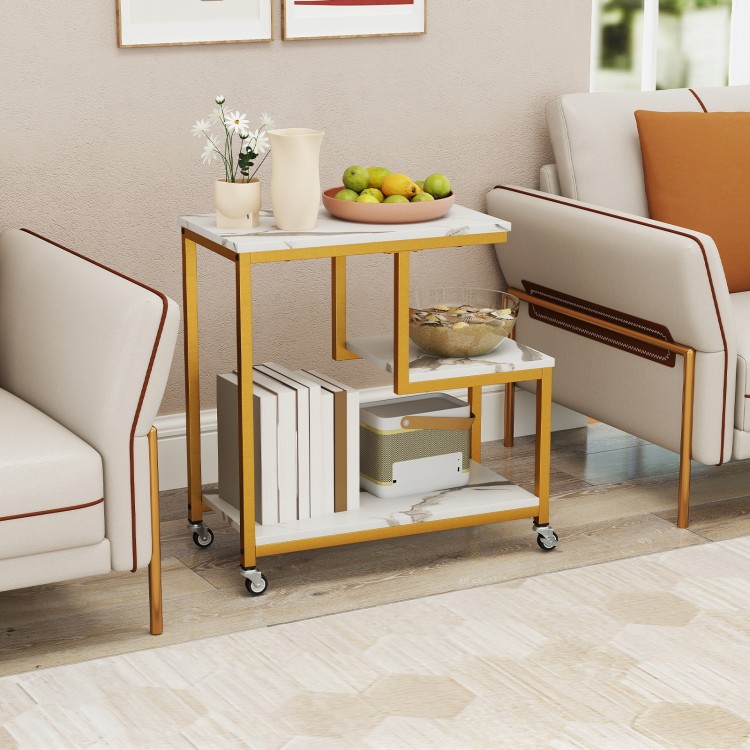 G-shaped 3-tier mobile end table with open shelves, white surface, and gold metal frame for versatile living room use.