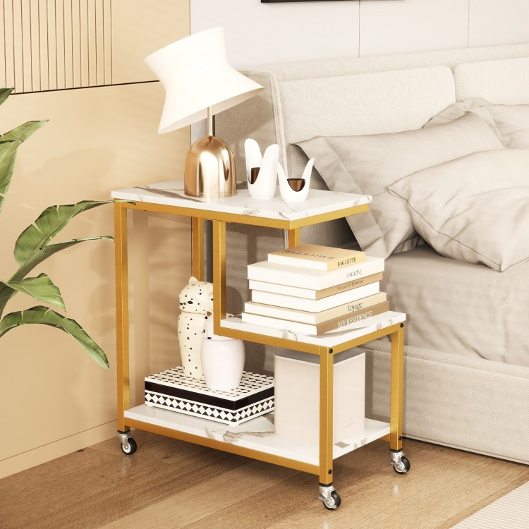 G-shaped side table with a geometric design, featuring three tiers and wheels for easy mobility in any room.