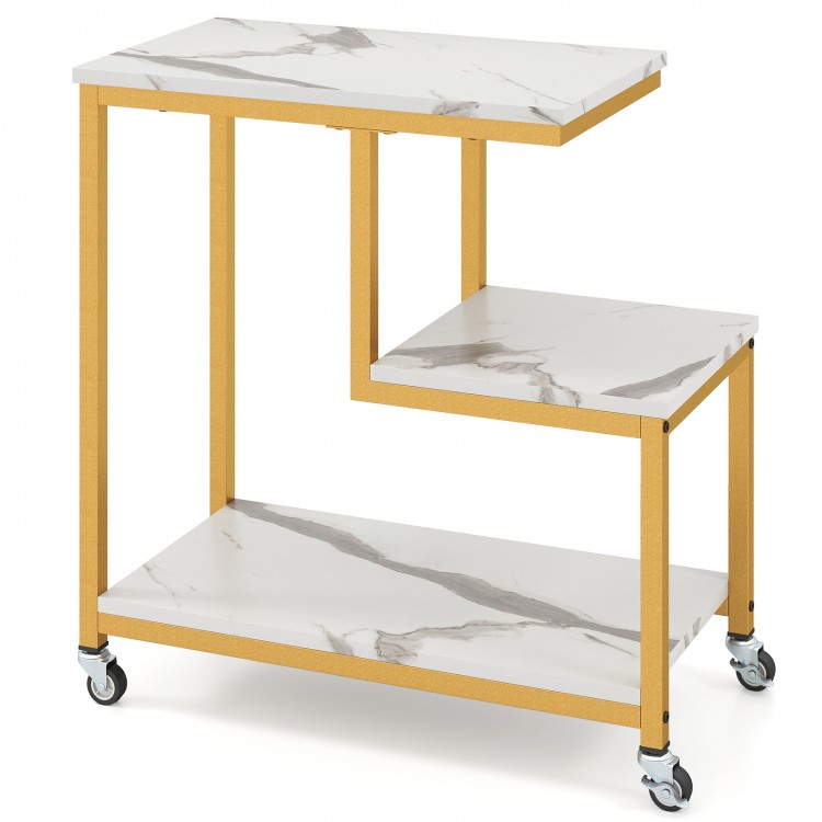 G-shaped 3-tier mobile end table with white marble surface and sturdy metal frame, ideal for living room or office use.