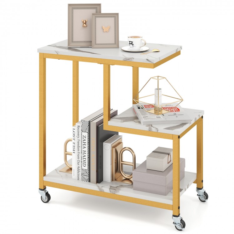 G-shaped 3-tier mobile end table with white surface, gold metal frame, and wheels for versatile storage and decor.