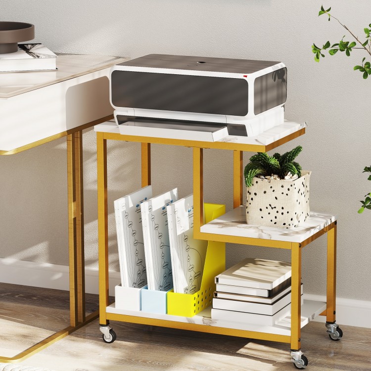 G-shaped 3-tier mobile end table with open shelves, sturdy metal frame, ideal for office or living room use.