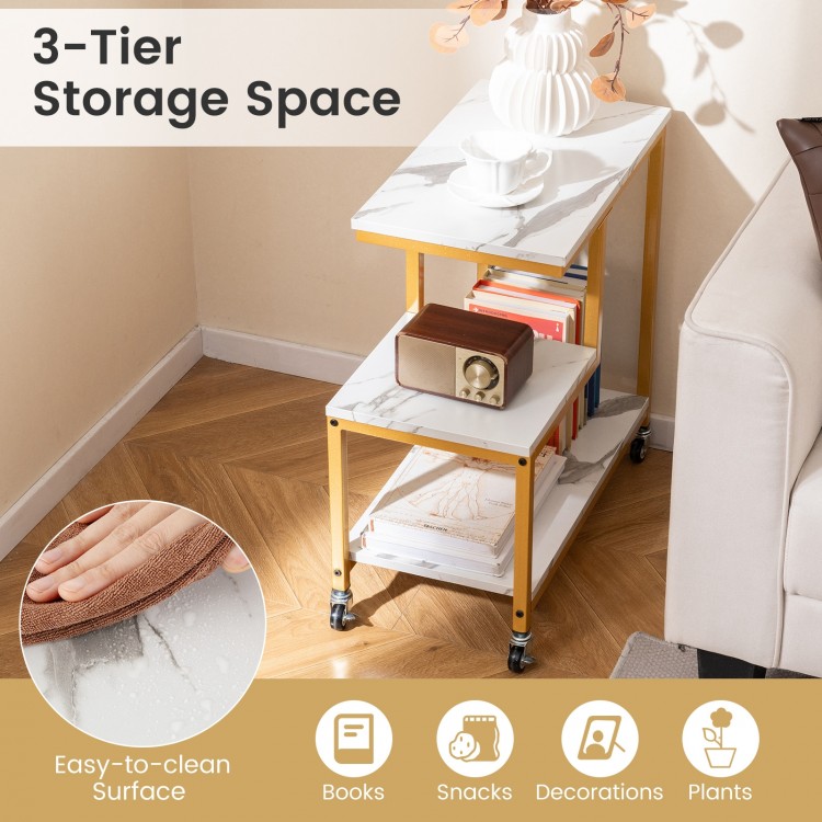 G-shaped 3-tier mobile end table in white with open shelves, ideal for books, snacks, and plants in living spaces.