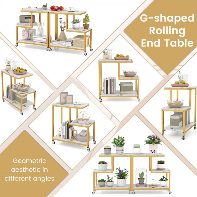 G-shaped 3-tier mobile end table in white with open shelves, ideal for living room or office storage and decor.