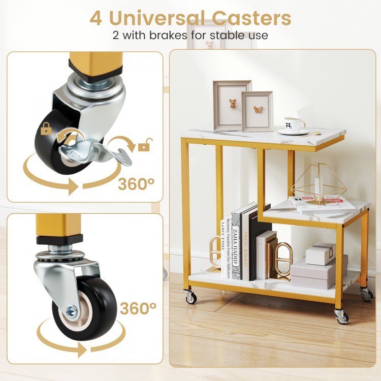 G-shaped side table with 3 tiers, featuring 4 universal casters, 2 with brakes, ideal for versatile storage and.