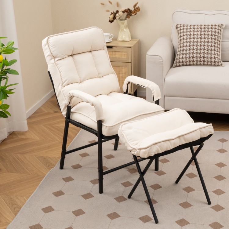 Beige linen fabric accent chair with adjustable backrest and foldable ottoman, perfect for living room relaxation.