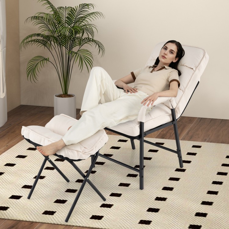 Beige linen fabric accent chair with adjustable backrest and footrest, designed for ultimate comfort in any indoor.