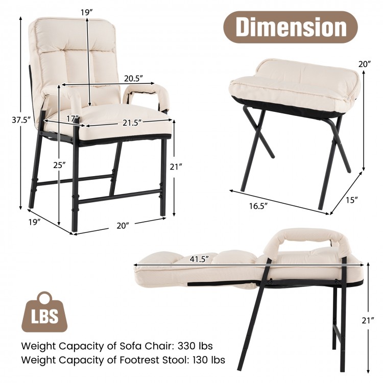 Beige linen fabric accent chair with adjustable backrest and foldable footrest, perfect for living room or study use.