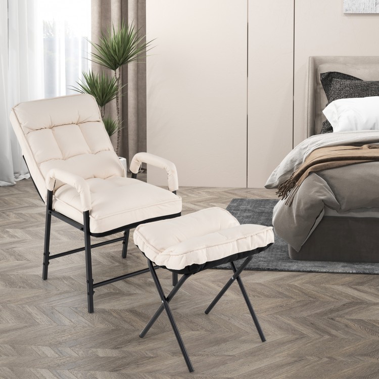 Beige linen fabric accent chair with adjustable backrest and foldable ottoman, perfect for reading or relaxing in any.