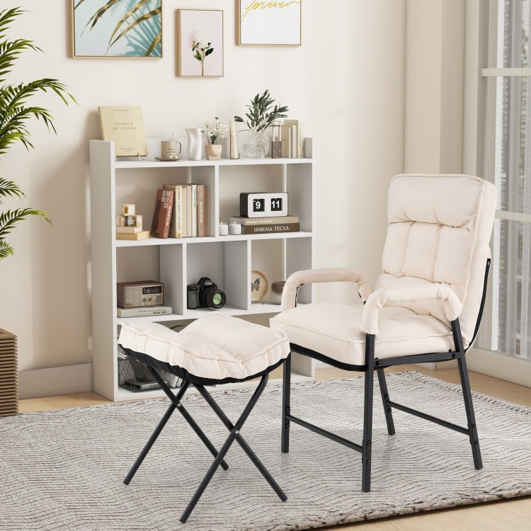 Front view of beige linen fabric accent chair with ottoman, featuring a 5-level adjustable backrest for personalized.