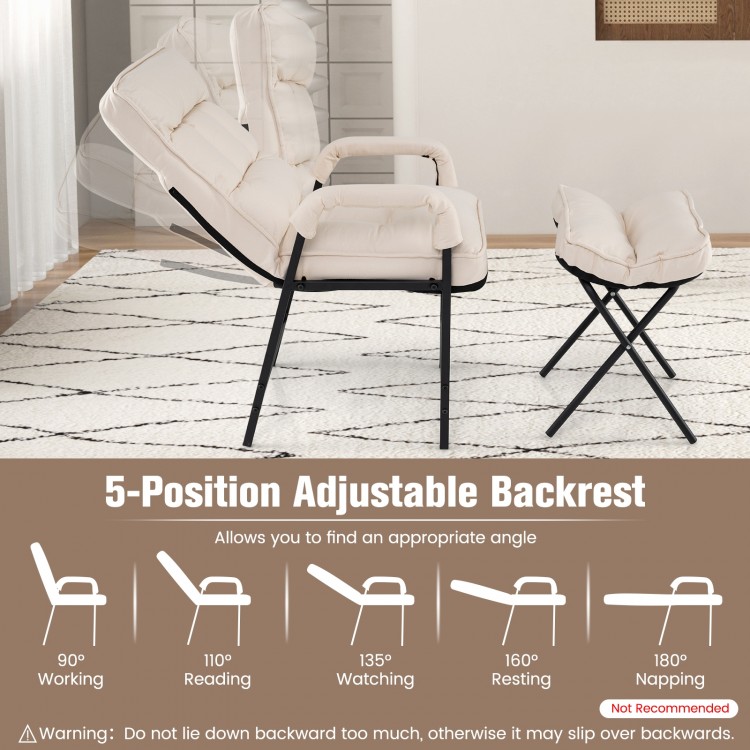 Beige linen fabric accent chair with adjustable backrest, padded armrests, and foldable ottoman for versatile comfort.