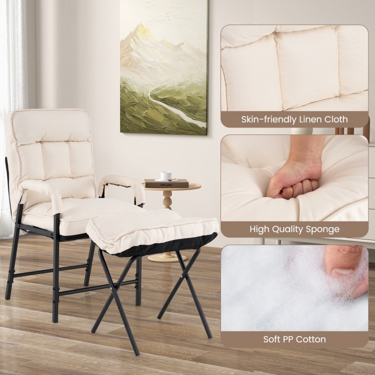 Detailed close-up of soft PP cotton cushioning on the beige linen fabric accent chair, showcasing luxurious comfort and.