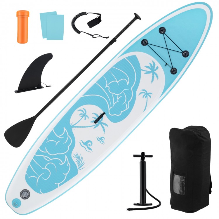 Inflatable stand up paddle board with blue design, paddle, pump, and accessories for easy transport and stable paddling.