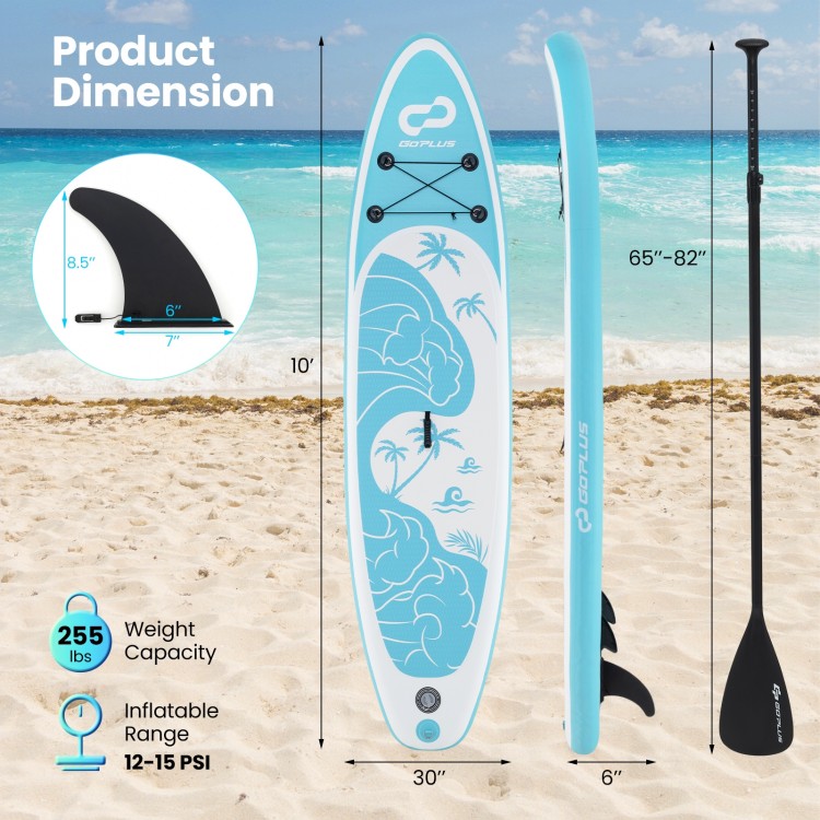 10-foot inflatable stand up paddle board with non-slip deck, triple fins, and included paddle for stable paddling.