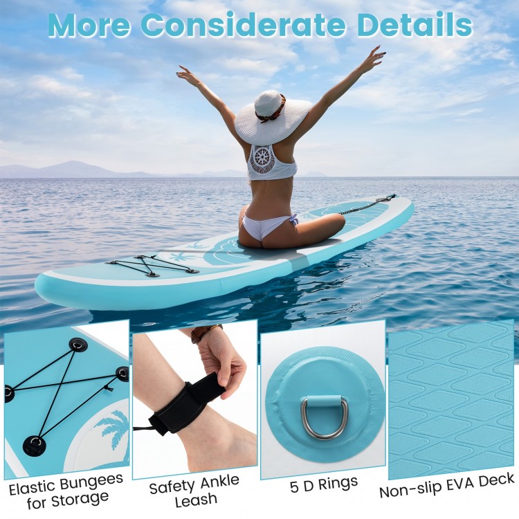 Inflatable stand up paddle board with non-slip EVA deck, safety ankle leash, and elastic bungees for storage.