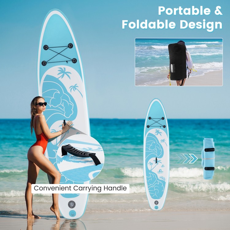 Inflatable stand up paddle board with convenient carrying handle, non-slip EVA deck, and triple fins for stability.