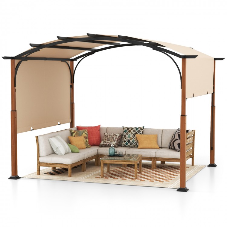 Side view of the 10 x 12 FT outdoor retractable pergola with beige canopy, featuring a spacious seating arrangement and.
