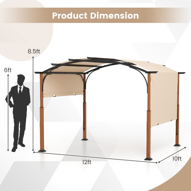 Dimensions of the 10 x 12 FT outdoor retractable pergola with beige canopy, showcasing its sturdy design and spacious.
