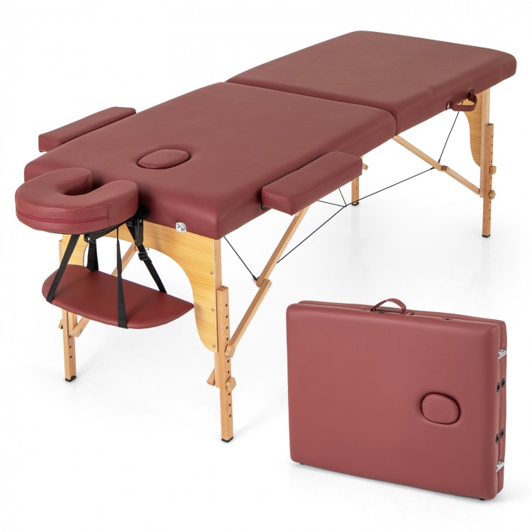 Red foldable massage table with a detailed view of the cushioned surface and sturdy wooden legs for stability and.