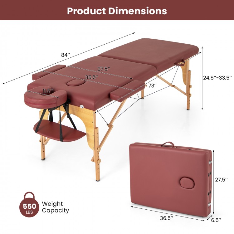 Foldable 84-inch massage table in red with adjustable height, carrying bag, and sturdy wood legs for easy transport.