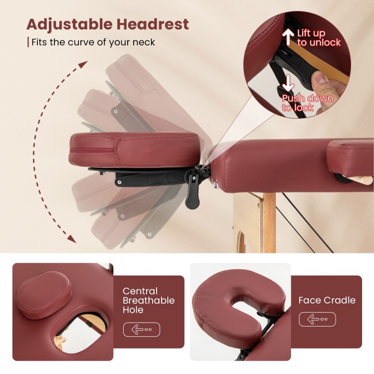 Adjustable headrest of the 84-inch foldable massage table in red, designed for comfort and easy adjustment.