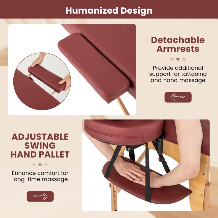 Detachable armrests and adjustable swing hand pallet on a red foldable massage table for enhanced comfort during use.