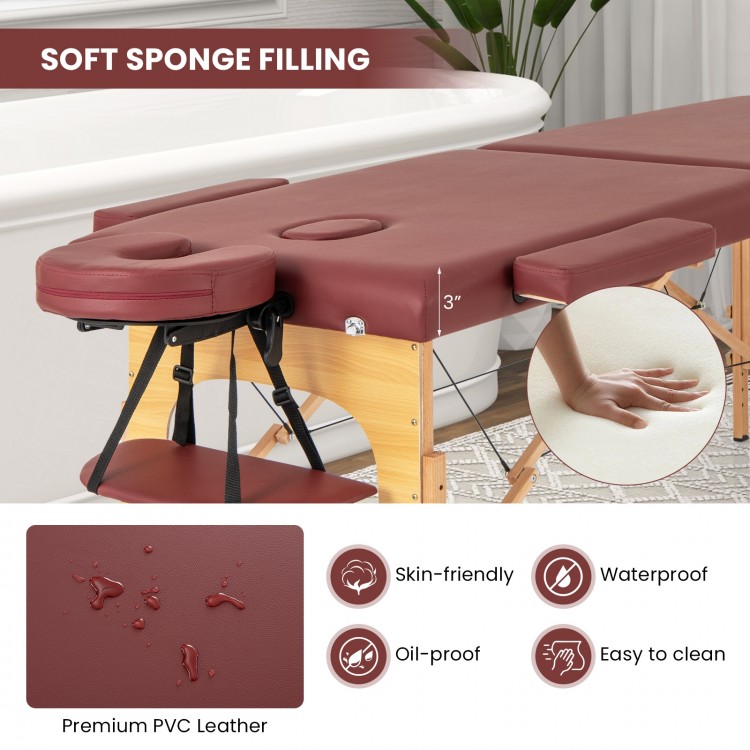 Foldable 84-inch massage table in red with 3-inch soft sponge filling, waterproof PVC leather, and adjustable height.
