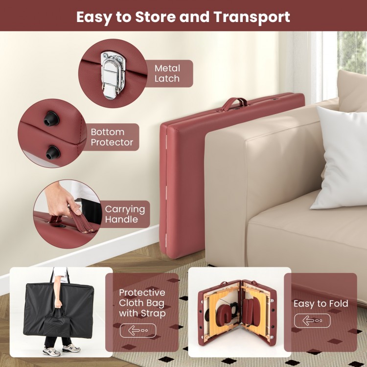 Foldable 84-inch massage table in red with carrying bag, adjustable height, and easy transport features for convenience.