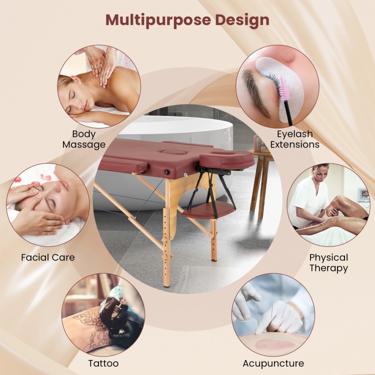 Red 84-inch foldable massage table with adjustable height, side armrests, and carrying bag for versatile use.