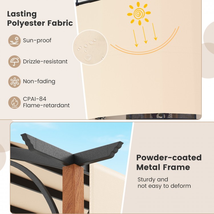 Detail of the powder-coated metal frame of the 10 x 12 FT outdoor retractable pergola, showcasing durability and.