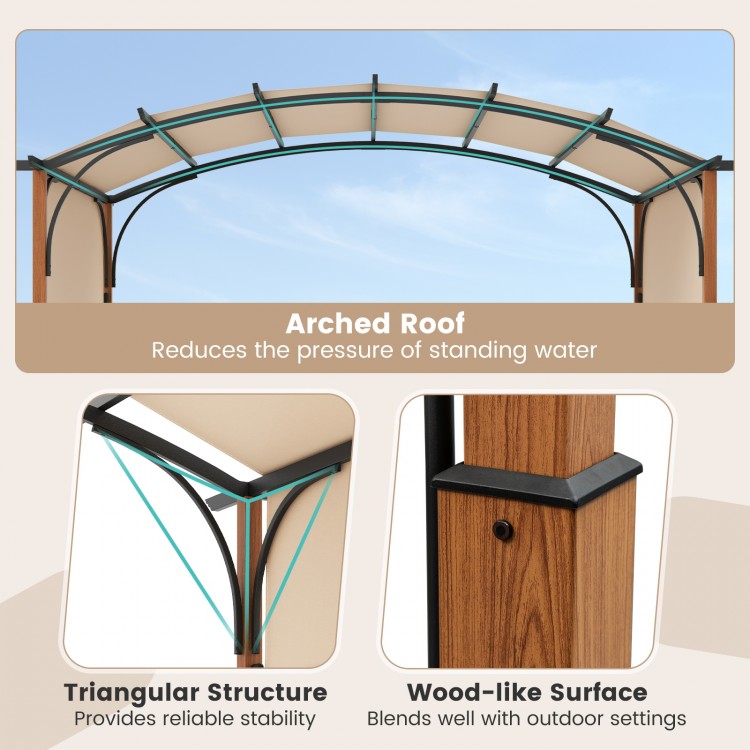 Arched roof of the 10x12 FT outdoor retractable pergola with wood-like surface for enhanced stability and style.