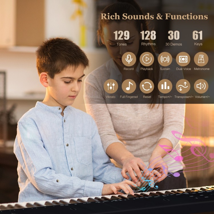 61-key portable electronic keyboard piano with adjustable stand and stool, featuring 129 tones and 128 rhythms for.