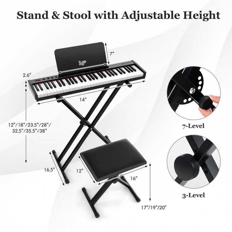 Adjustable height stand and stool for 61-key electronic keyboard, featuring a padded seat for comfort and stability.