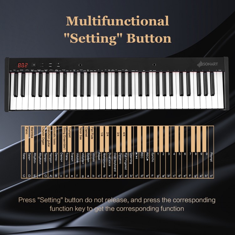 Close-up of the multifunctional "Setting" button on a 61-key portable electronic keyboard for enhanced learning.