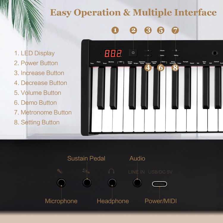Close-up of the 61-key portable electronic keyboard showing control buttons and LED display for easy operation.