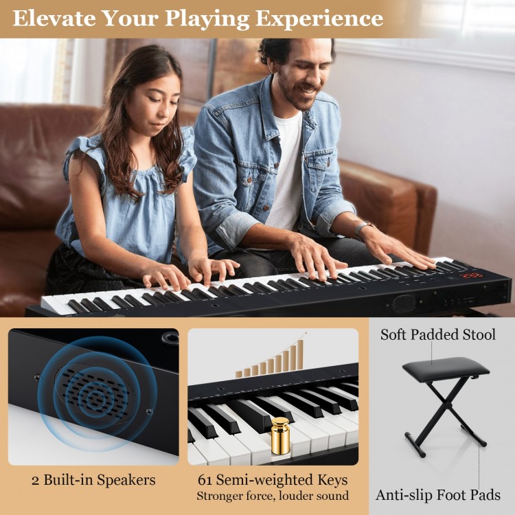 61-key portable electronic keyboard piano set with adjustable stand and soft padded stool for comfortable playing.